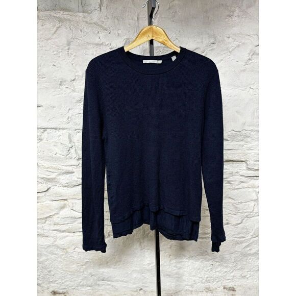 Vince 100% Wool Navy Blue Lined Pullover Waffle Knit Sweater Large Lightweight - Picture 1 of 8